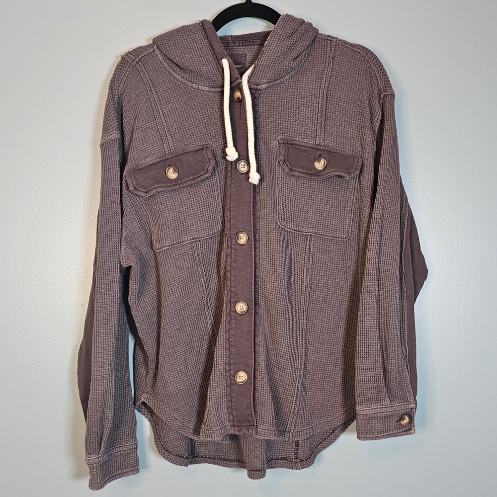 American Eagle Outfitters Men's Charcoal Waffle Knit Button Up Shirt Hoodie M